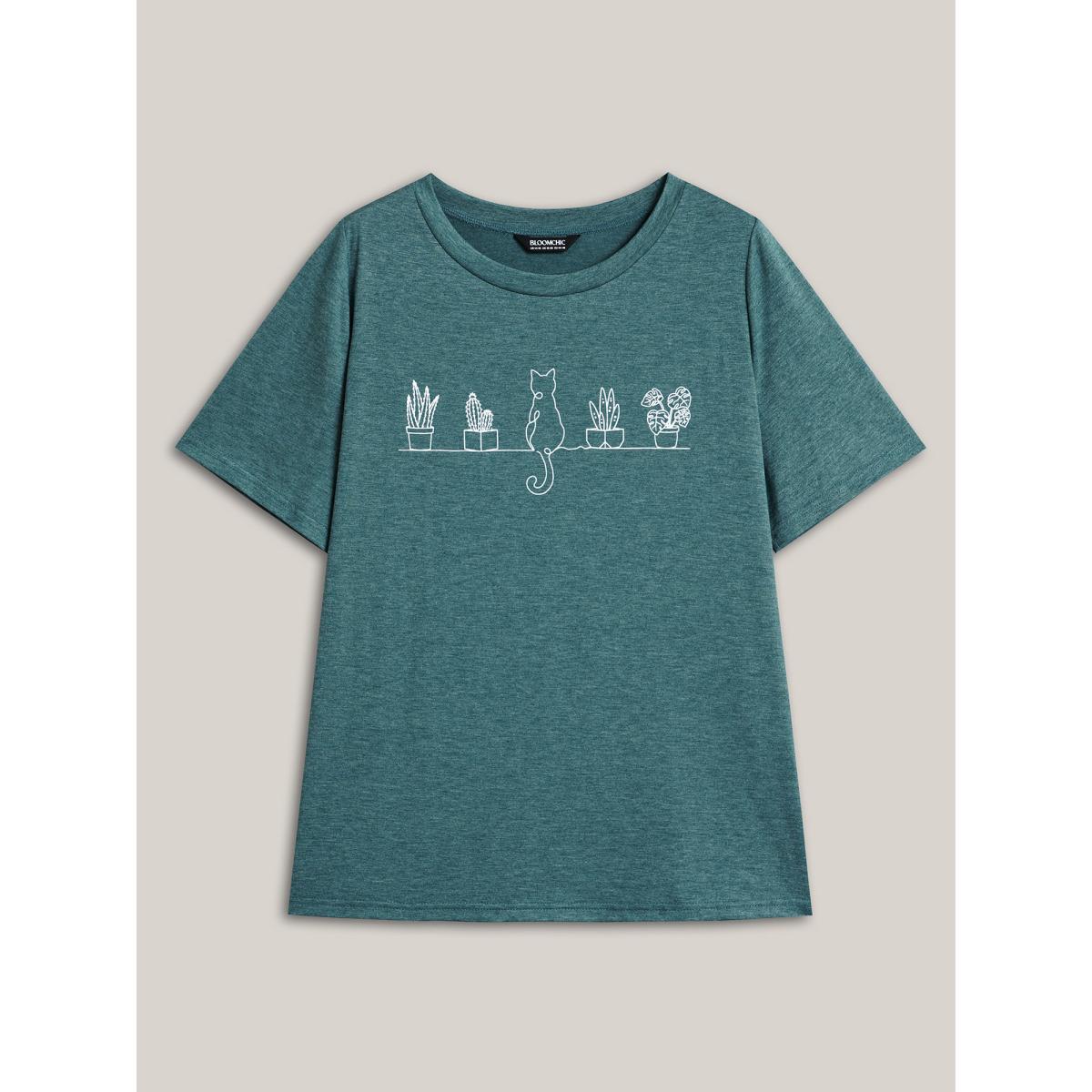 Plus Size Cat Print Crew Neck Stretchy T-Shirt DarkGreen Women Elegant Non Art&design Round Neck Everyday T-shirts BloomChic 28/5X Product Image
