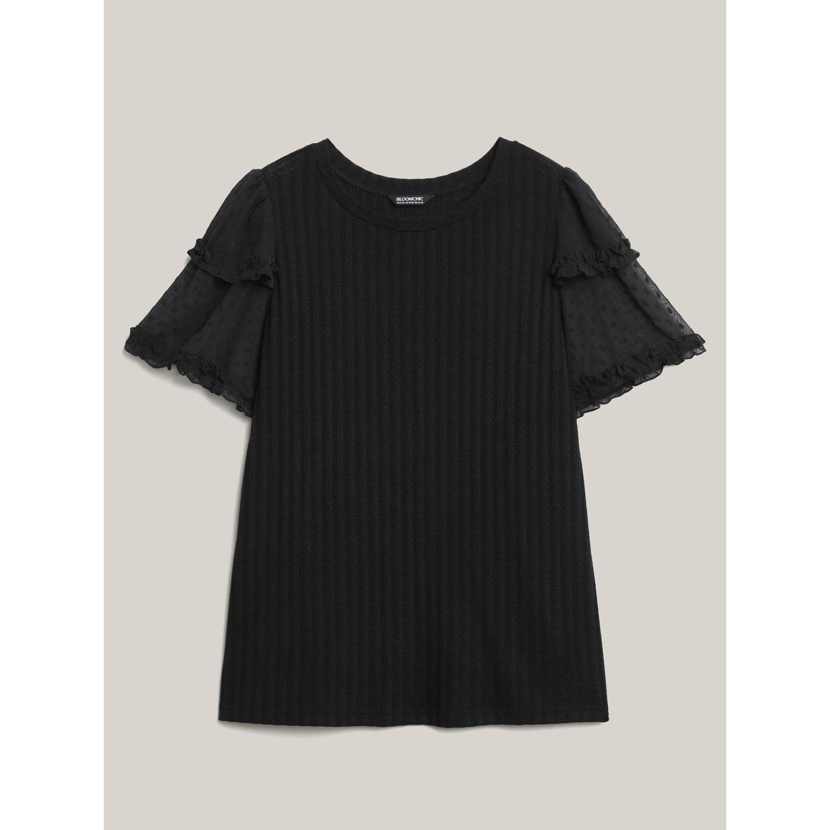 Plus Size Textured Pit Strip Layered Sleeve Sheer T-Shirt Black Women Texture Round Neck Everyday-Casual T-shirts BloomChic 10/M Product Image