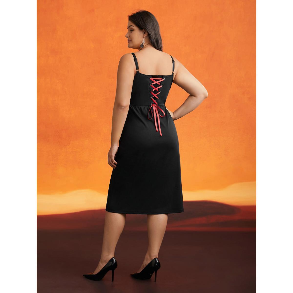 Plus Size Cherry Skull Back Adjustable Straps Midi Dress Black Women Cocktail Tie knot Party Curvy Bloomchic 28/5X Product Image