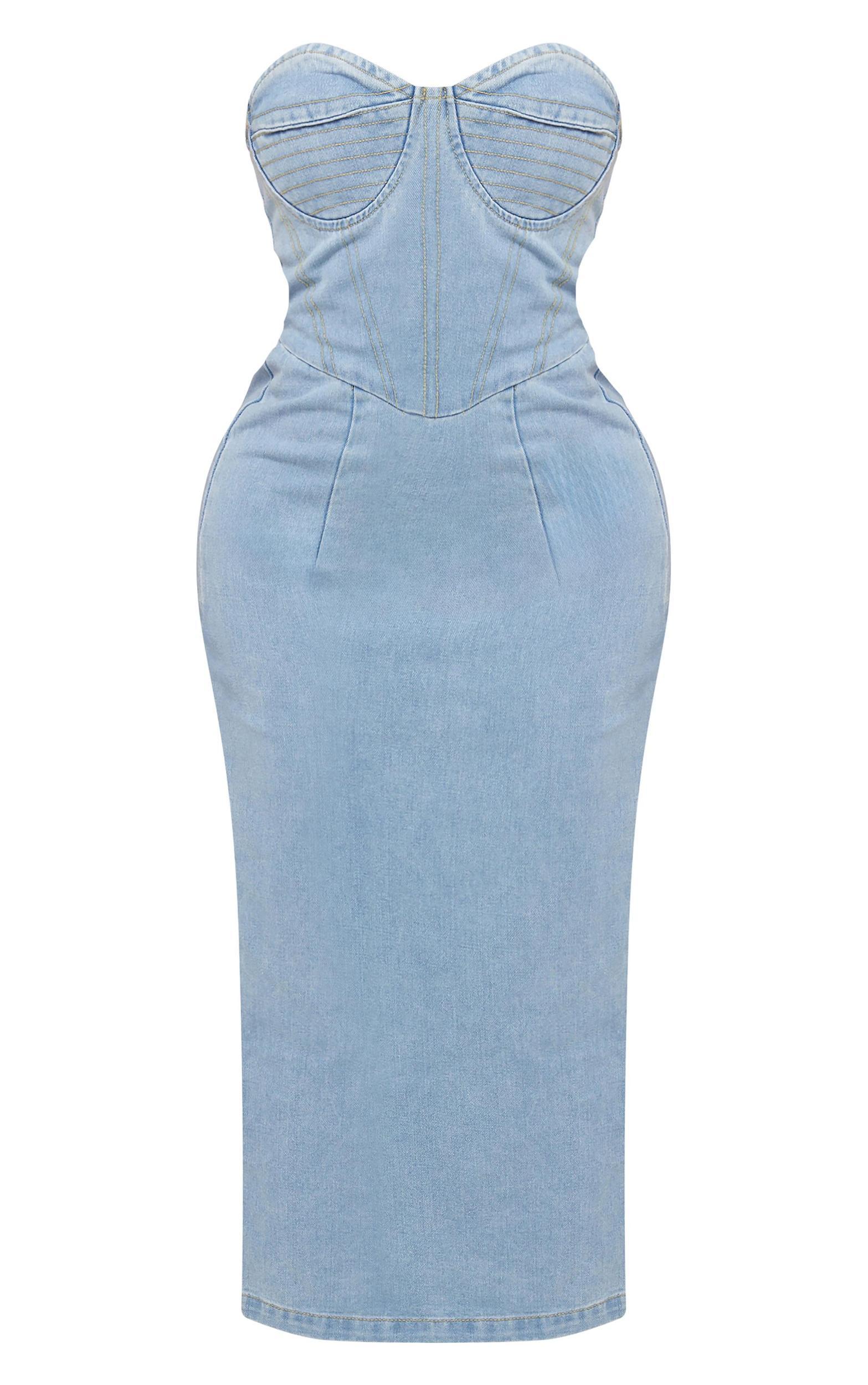 Shape Light Blue Denim Seam Detail Bandeau Maxi Dress Product Image
