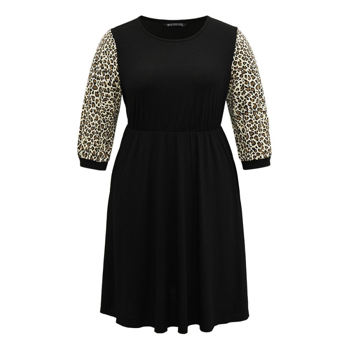 Plus Size Leopard Patchwork Pocket Elastic Waist Dress Black Women Casual Printed Round Neck Elbow-length sleeve Curvy Midi Dress BloomChic 14-16/1X Product Image