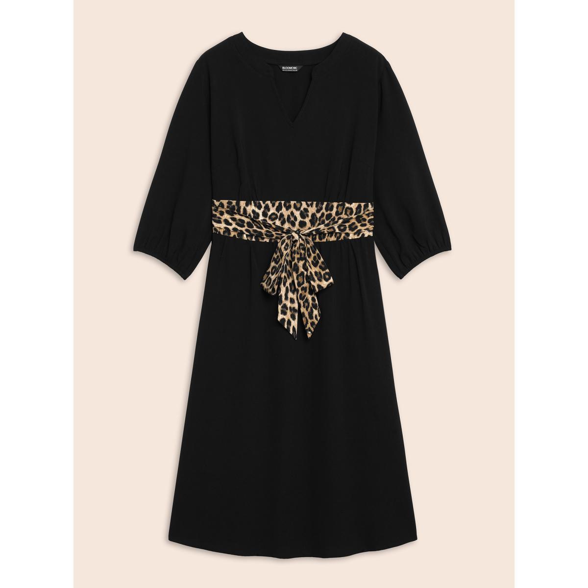 Plus Size Notched Collar Leopard Print Patchwork Dress Black Women Elegant Tie knot Notched collar Elbow-length sleeve Curvy BloomChic 30/6X Product Image