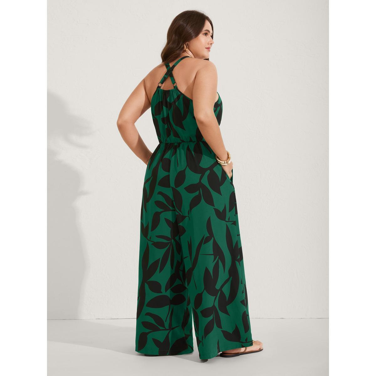 Plus Size Emerald Silhouette Floral Print Sweetheart Jumpsuit Women Sleeveless V-neck Everyday-Elegant Loose Jumpsuits BloomChic 12/L Product Image