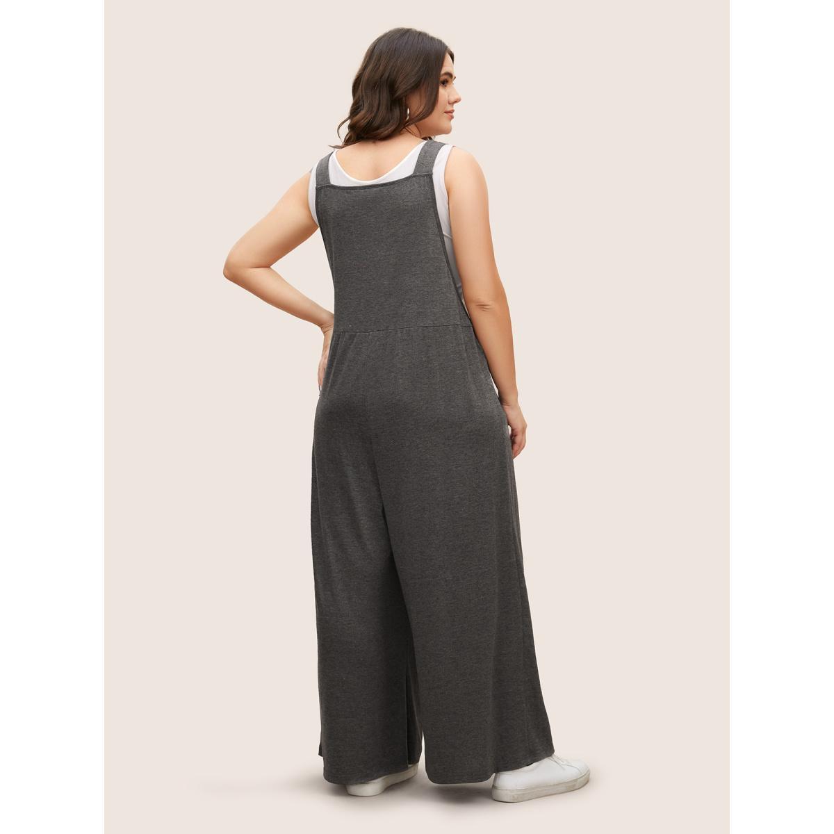 Plus Size DimGray Supersoft Essentials Solid Pleated Pocket Jumpsuit Women Casual Sleeveless Non Everyday Loose Jumpsuits BloomChic 28/5X Product Image