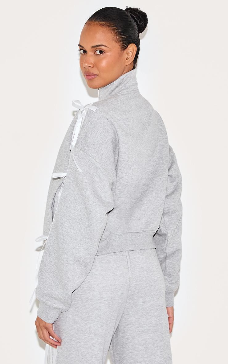 Grey Marl Velvet Bow Detail Oversized Zip Up Sweatshirt Product Image