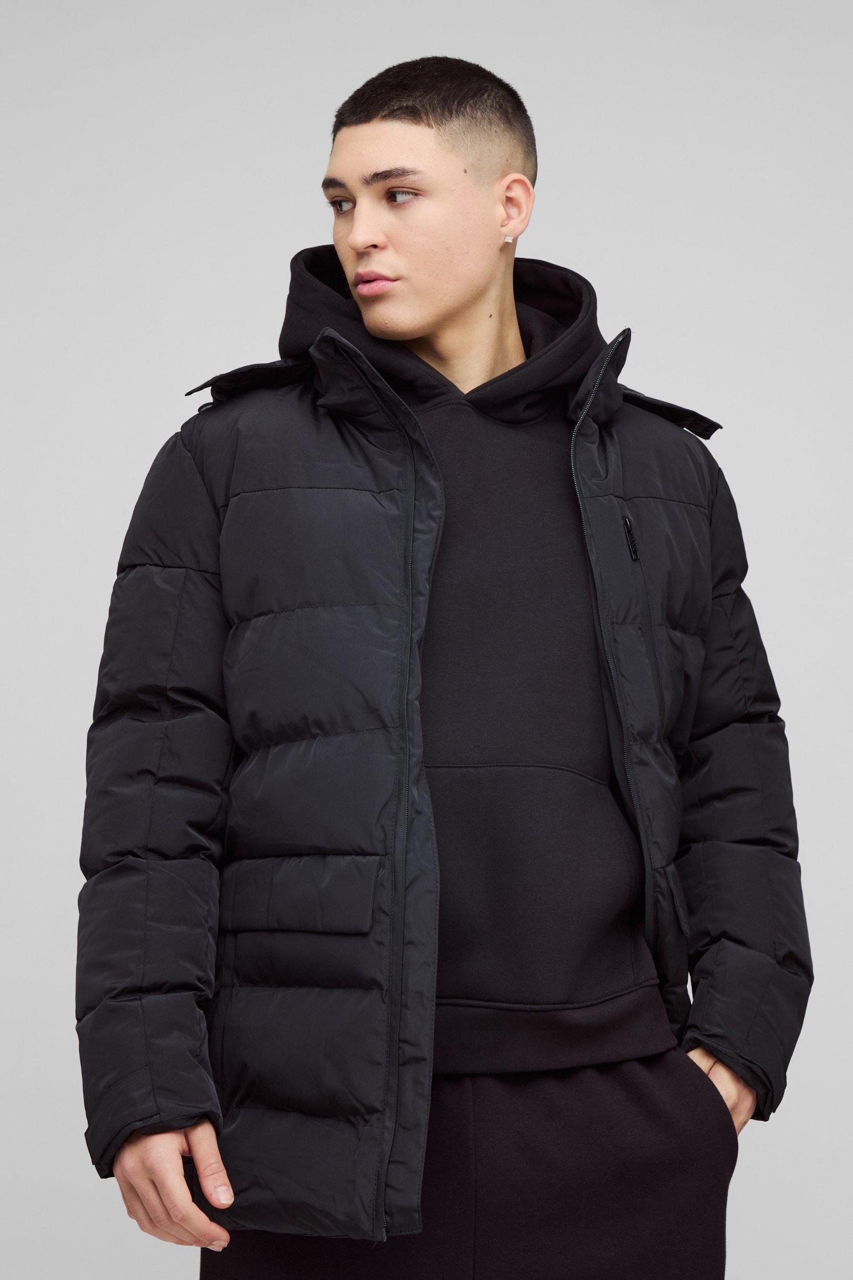 Mens Mid Length Hooded Puffer In Black Product Image