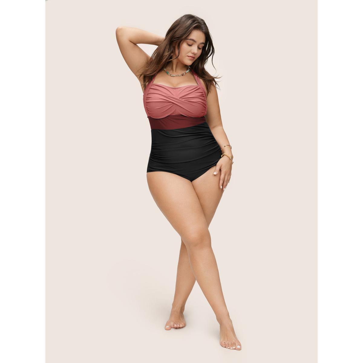 Plus Size Contrast Twist Front Tummy-Control One Piece Swimsuit Women's Swimwear Russet Beach Non Curve Bathing Suits High stretch One Pieces BloomChic 26/4X Product Image