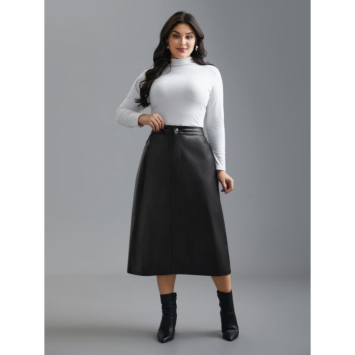 Plus Size PU Leather Elastic Waist Split Hem Skirt Women Black Elegant Slit Low stretch Slanted pocket Everyday Skirts BloomChic 26/4X Product Image