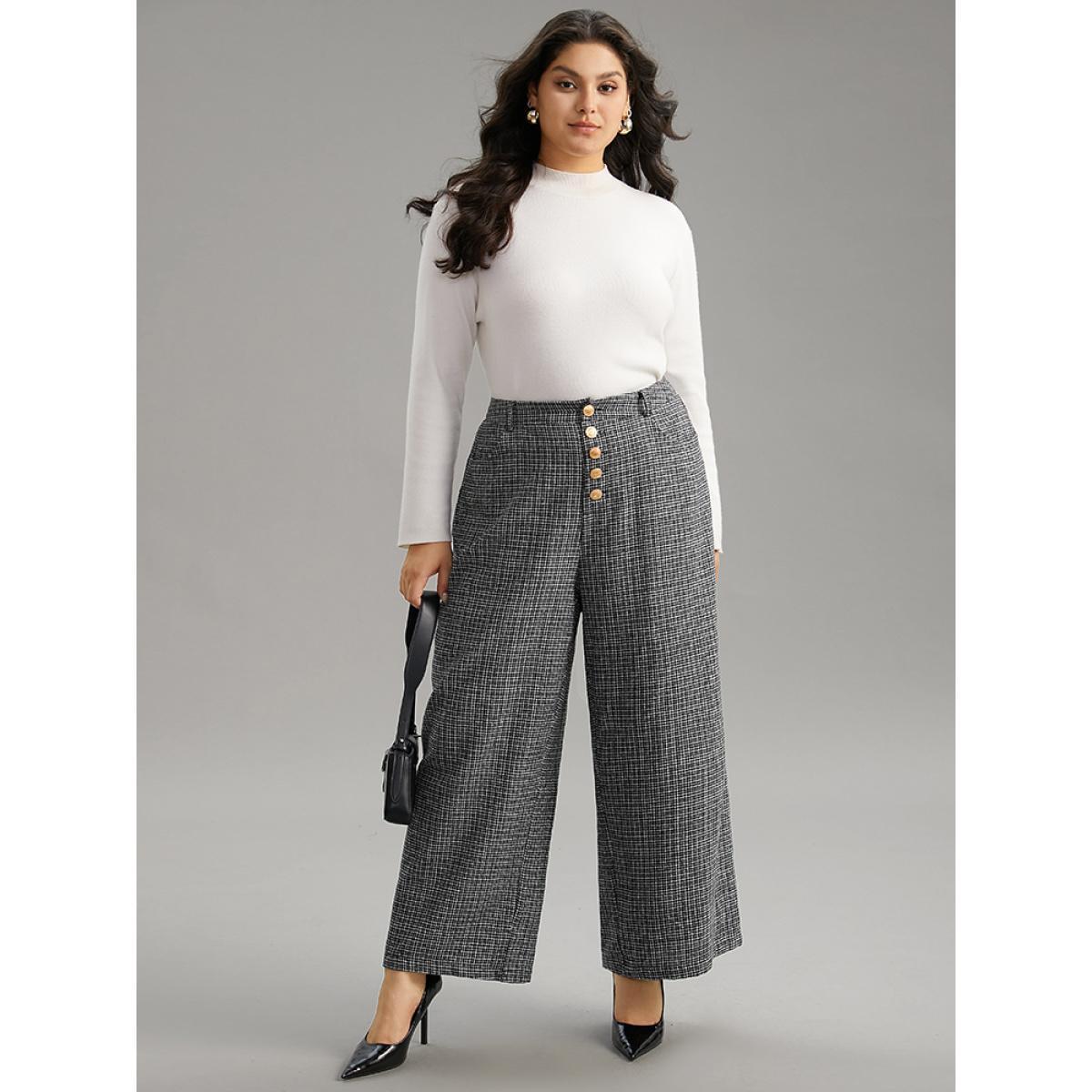 Plus Size Gingham Textured Metal Detail Wide Leg Pants Women Black Office Wide Leg High Rise Work Pants BloomChic 12/L Product Image