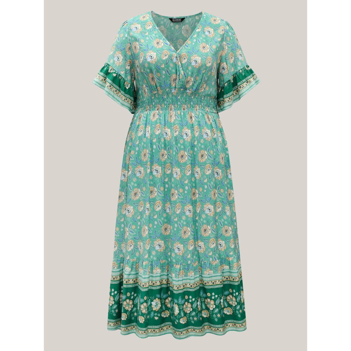 Plus Size Floral Bell Sleeve Shirred Waist Midi Dress Emerald Women Overlap Collar Half Sleeve Curvy BloomChic 26/4X Product Image