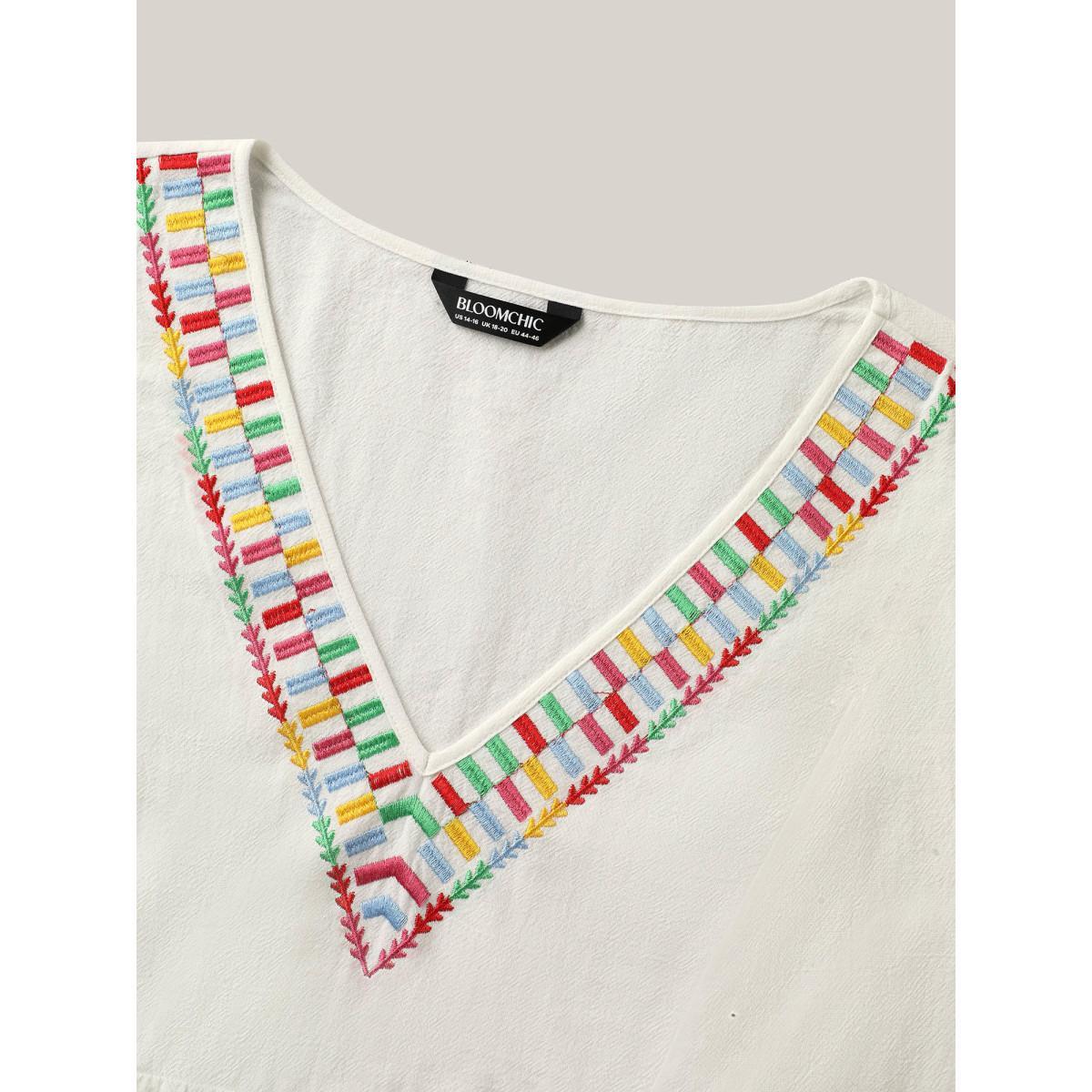 Plus Size Originalwhite Cotton Colorful Embroidery V-Neck Solid Blouse Women Short sleeve V-neck Everyday-Casual Blouses BloomChic 18-20/2X Product Image