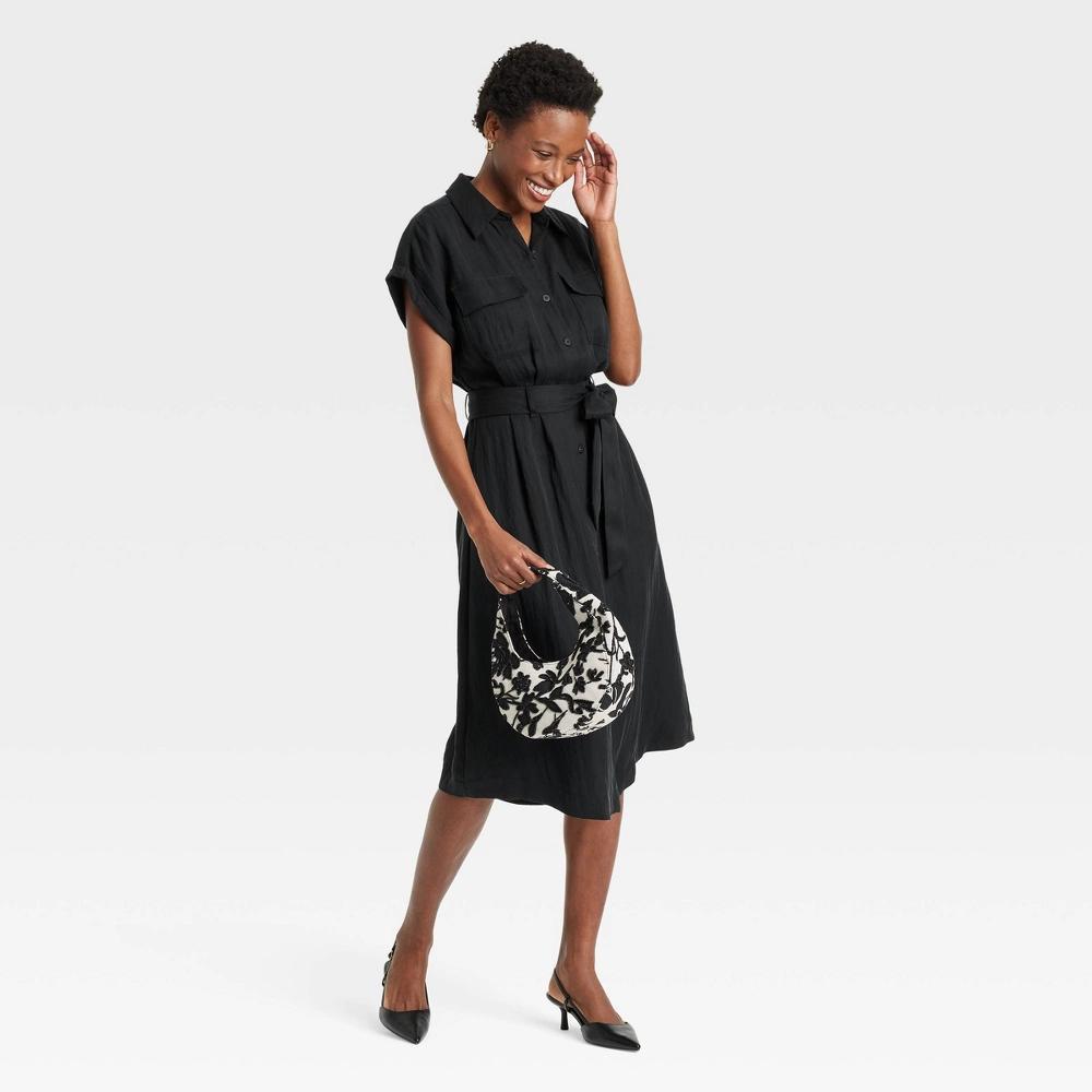 Womens Short Sleeve Midi Utility Shirtdress - A New Day Black XS: Collared, Side Pocket, Woven Fabric Product Image