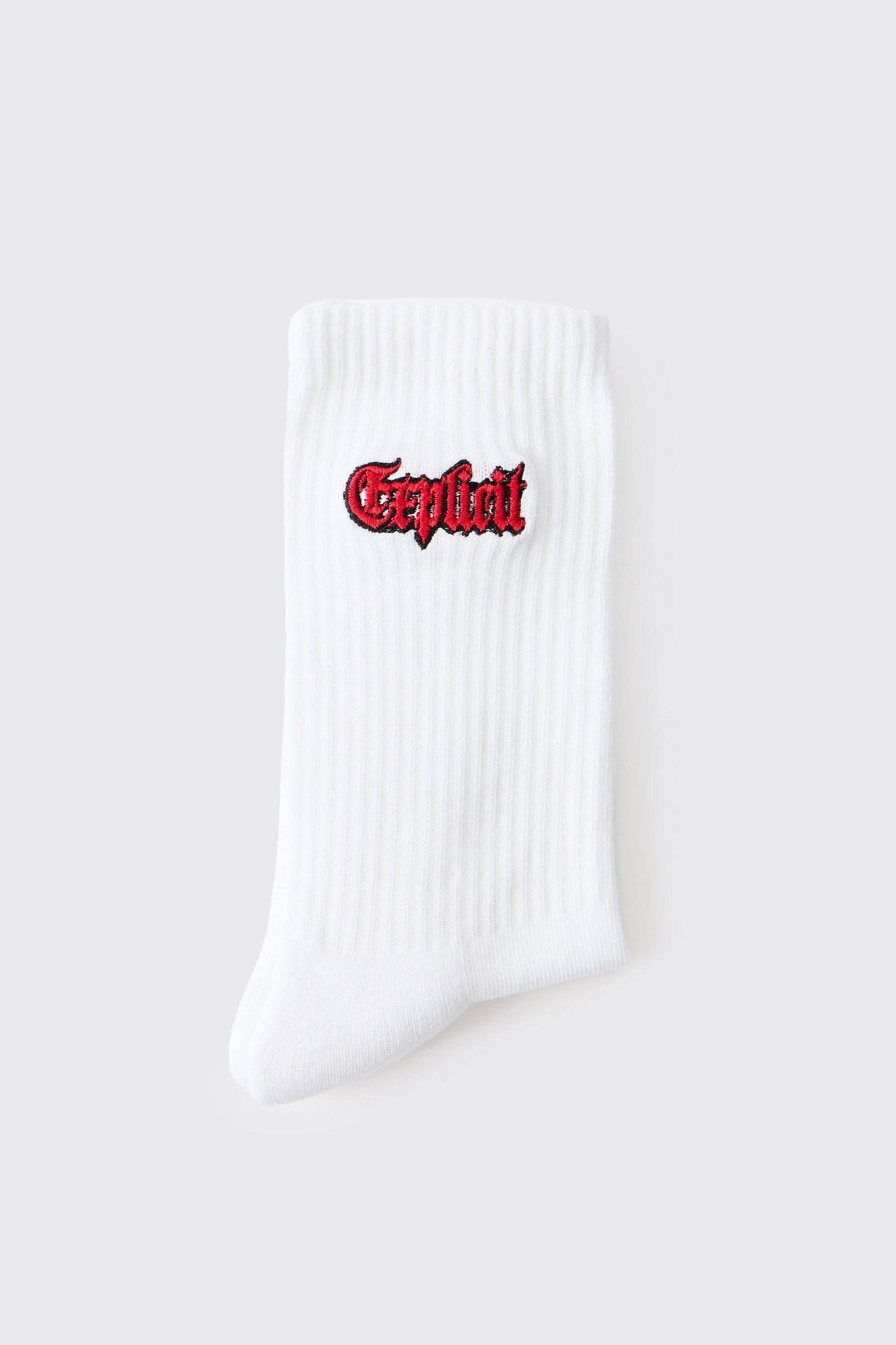 Explicit Embroidered Half Terry Socks | boohooMAN USA Product Image