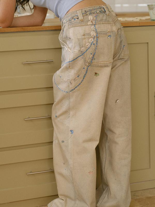 Pearl Lace Cold Transfer Print Boyfriend Jeans Product Image