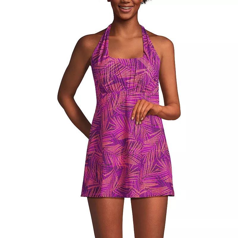 Women's Lands' End Chlorine Resistant Square Neck Halter Swim Dress, Size: XS, Purple Stipple Palm Product Image