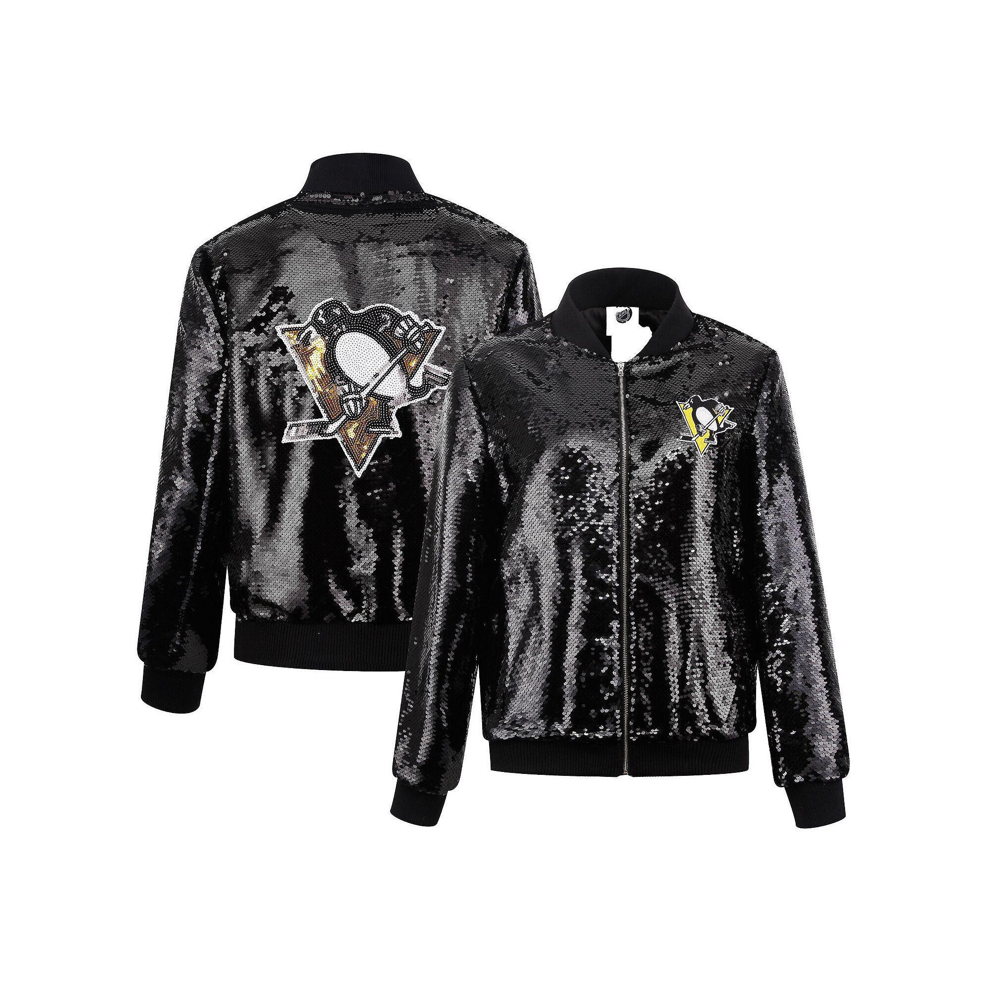 Women's Cuce Black Pittsburgh Penguins Sequin Full-Zip Jacket, Size: Large Product Image