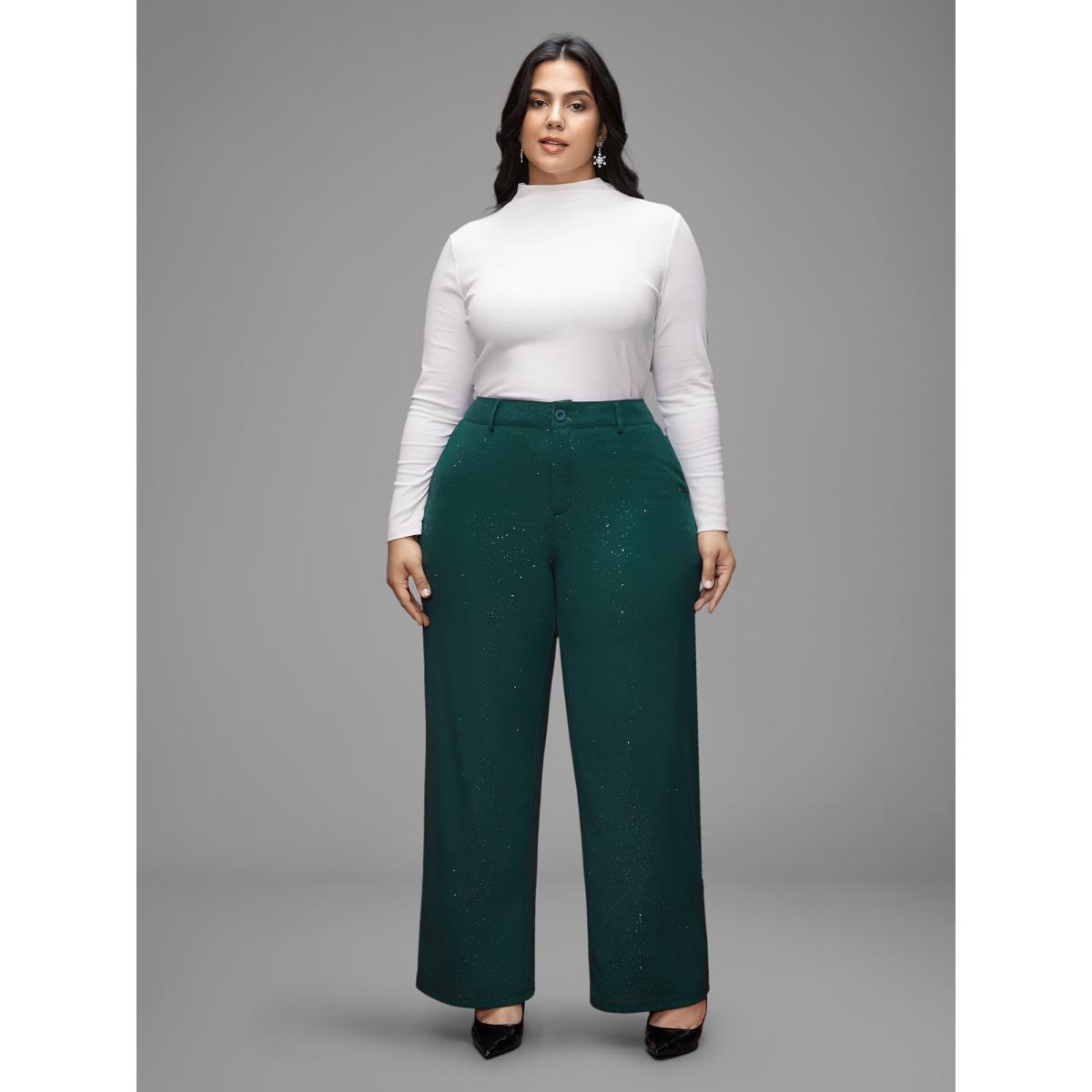 Plus Size Sparkle Knit Wide-Leg Pants Women DarkGreen Formal Loose Mid Rise Party Pants BloomChic 30/6X Product Image
