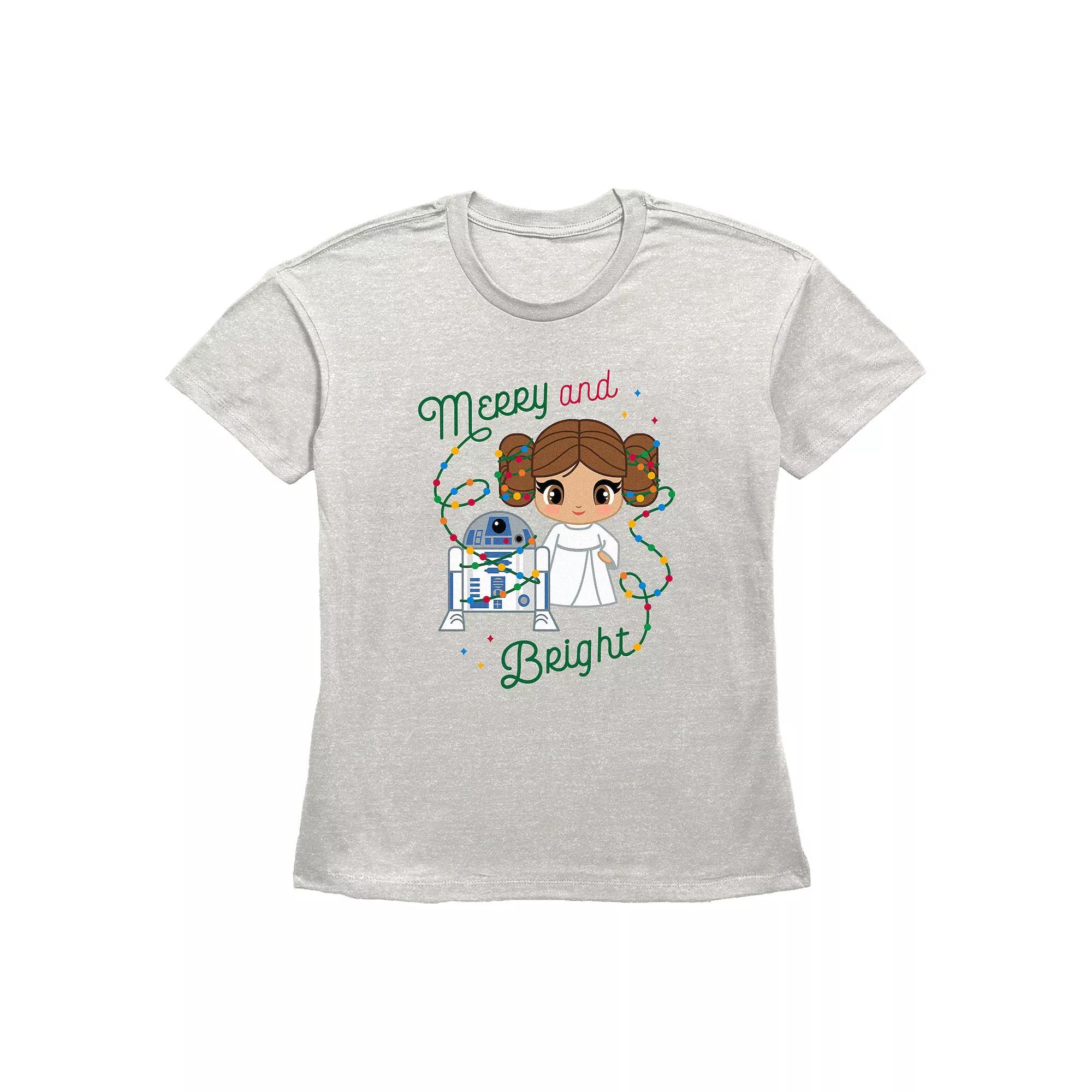 Women's Star Wars R2-D2 And Princess Leia Organa Merry And Bright Graphic Tee, Size: Small, Oatmeal Product Image