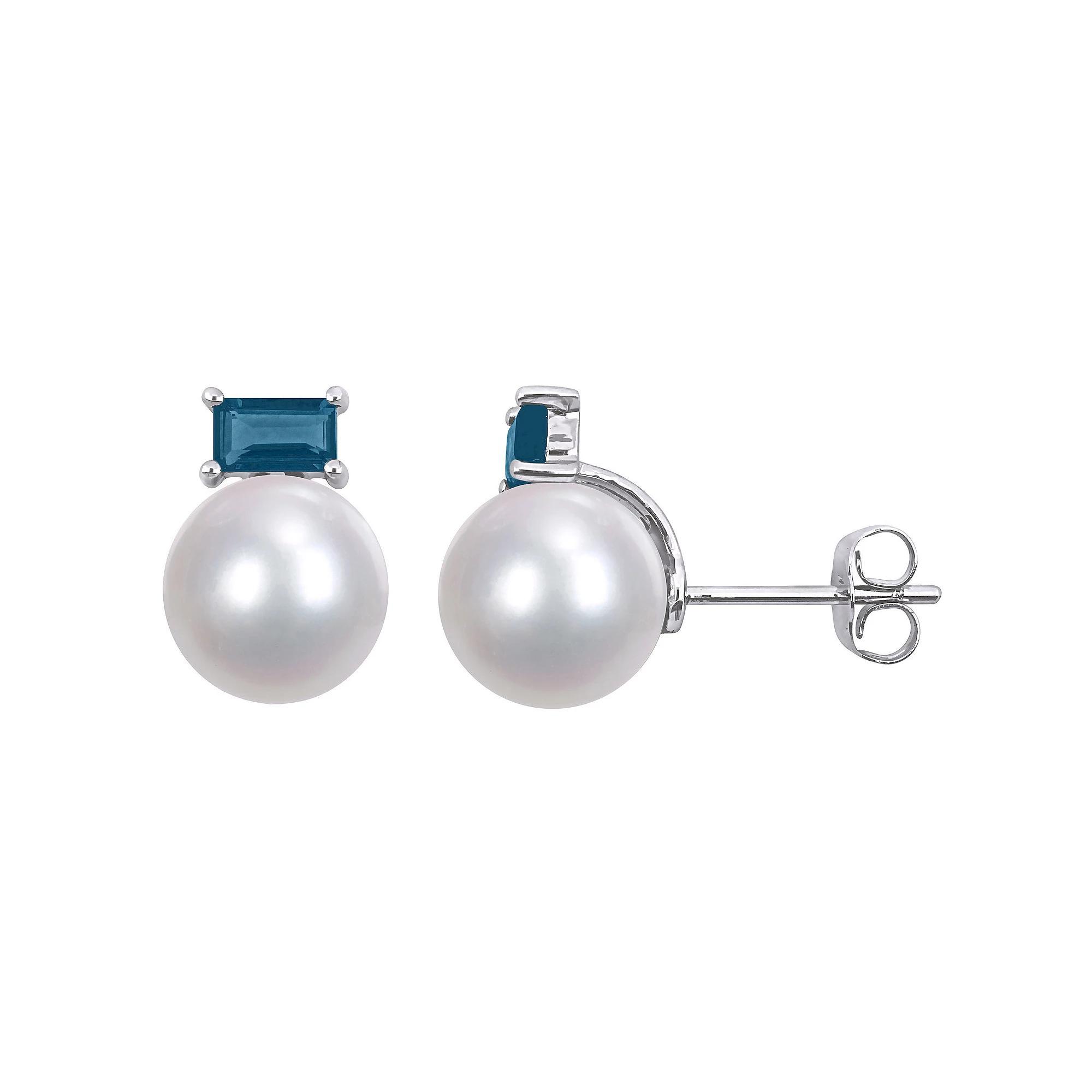 Stella Grace 10k White Gold Freshwater Cultured Pearl & Blue Topaz Stud Earrings, Women's, 10k Gold Product Image