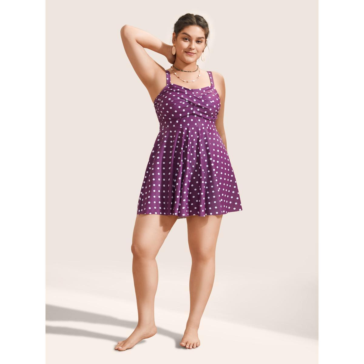 Plus Size Polka Dot Ruched Fit Flare Swim Dress Women's Swimwear Purple Beach Bodycon Strapless High stretch Curve Swim Dresses BloomChic 28/5X Product Image