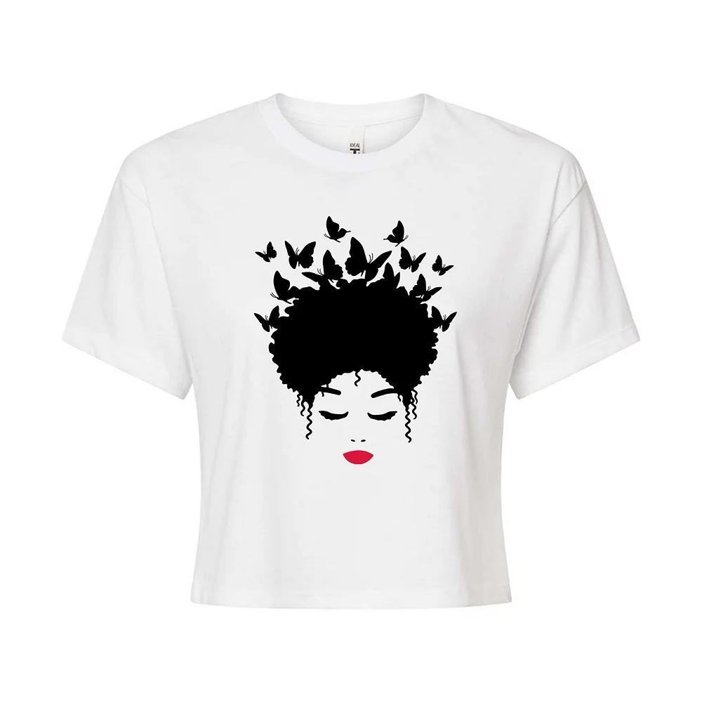 Juniors Woman of Color Black Butterfly Hair Cropped Tee, Girls Grey Gray Product Image