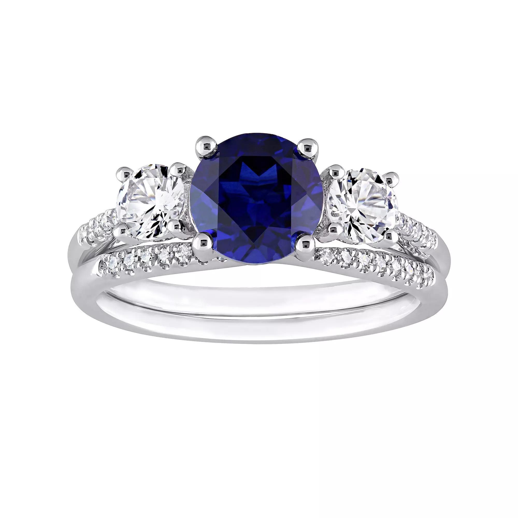 Stella Grace 10k White Gold Lab-Created Sapphire, Lab-Created White Sapphire & 1/10 Carat T.W. Diamond 3-Stone Engagement Ring Set, Womens 10k Whgold Product Image