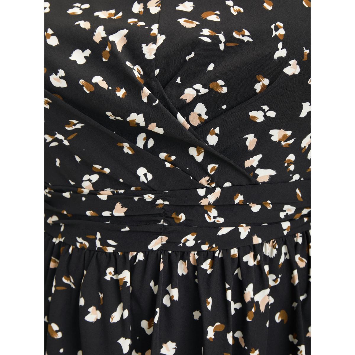 Plus Size Allover Print Pocket Flutter Crossover Ruched Tank Dress Black Women Elegant Twist Round Neck Sleeveless Curvy Midi Dress BloomChic 26/4X Product Image