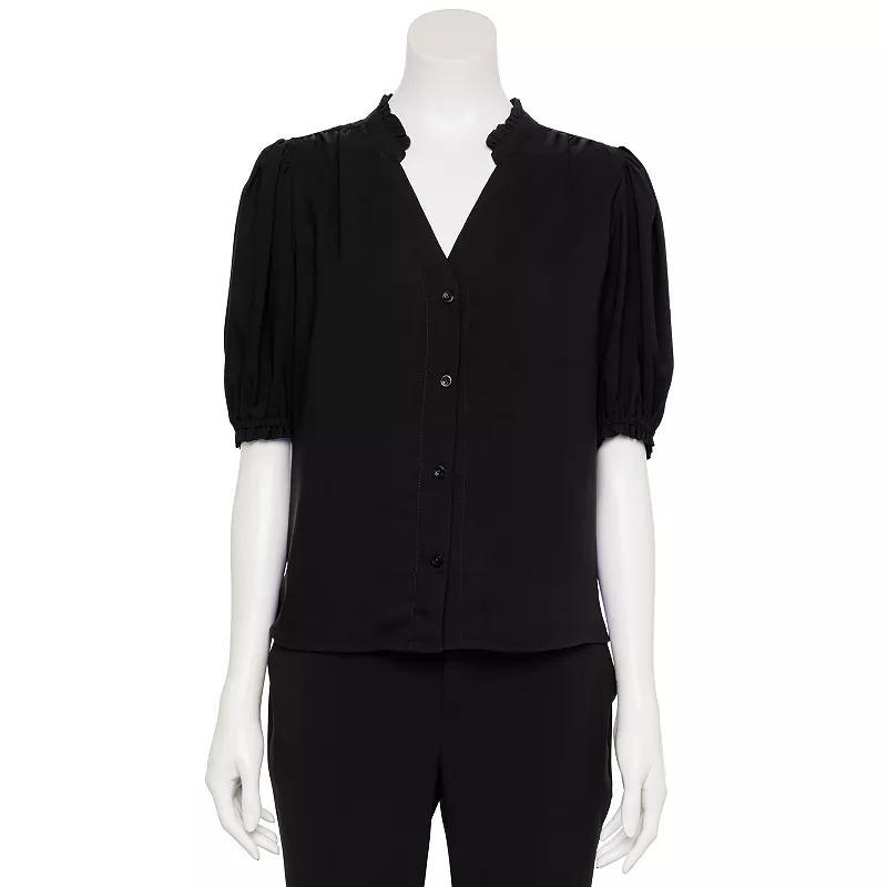 Women's Nine West Adaptive Short Sleeve Button Down Ruffle Shirt, Size: XS, Mineral Black Product Image