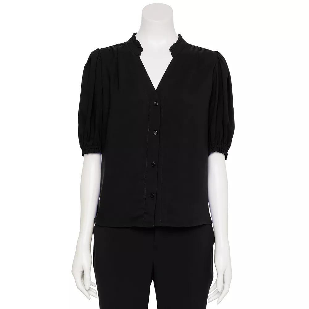 Women's Nine West Adaptive Short Sleeve Button Down Ruffle Shirt, Size: XS, Mineral Black Product Image