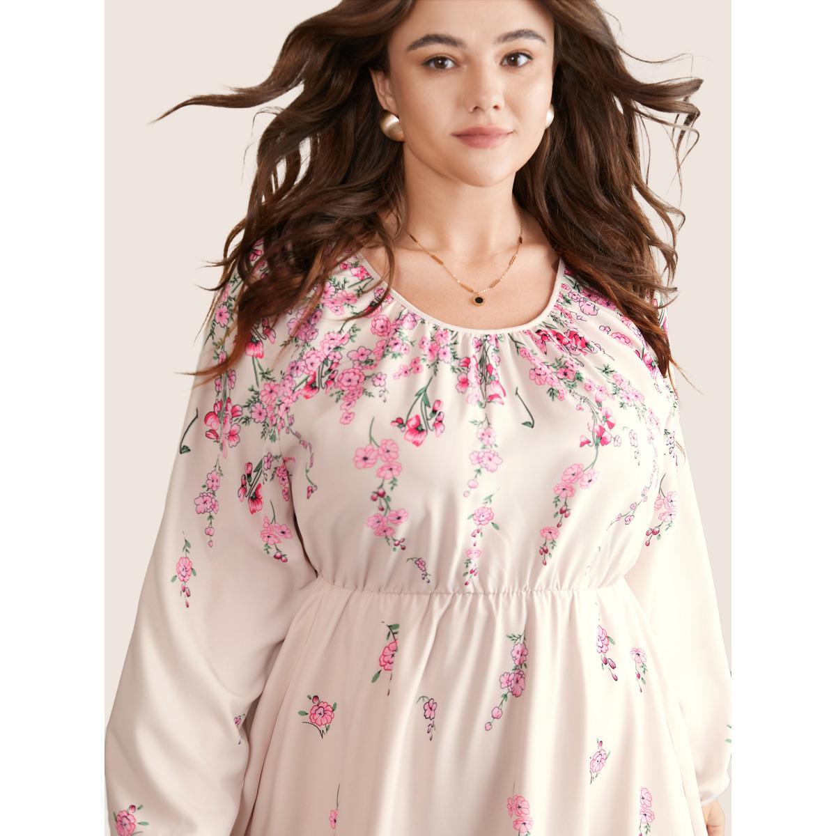 Plus Size Boho Print Patchwork Ruffles Lantern Sleeve Dress Apricot Women Elegant Elastic cuffs Round Neck Long Sleeve Curvy Midi Dress BloomChic 30/6X Product Image