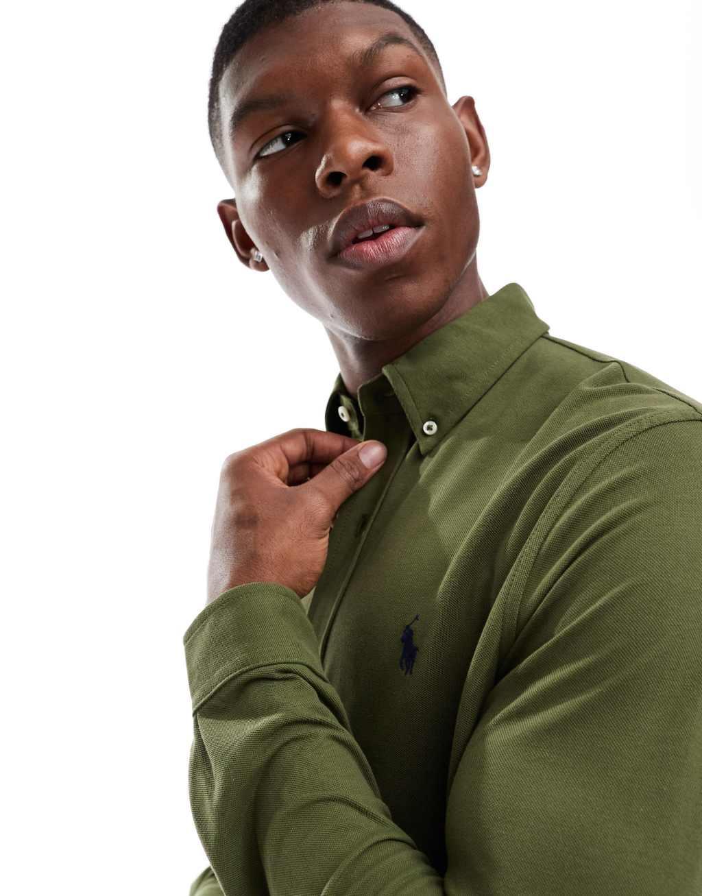 Polo Ralph Lauren icon logo pique shirt in dark green Product Image