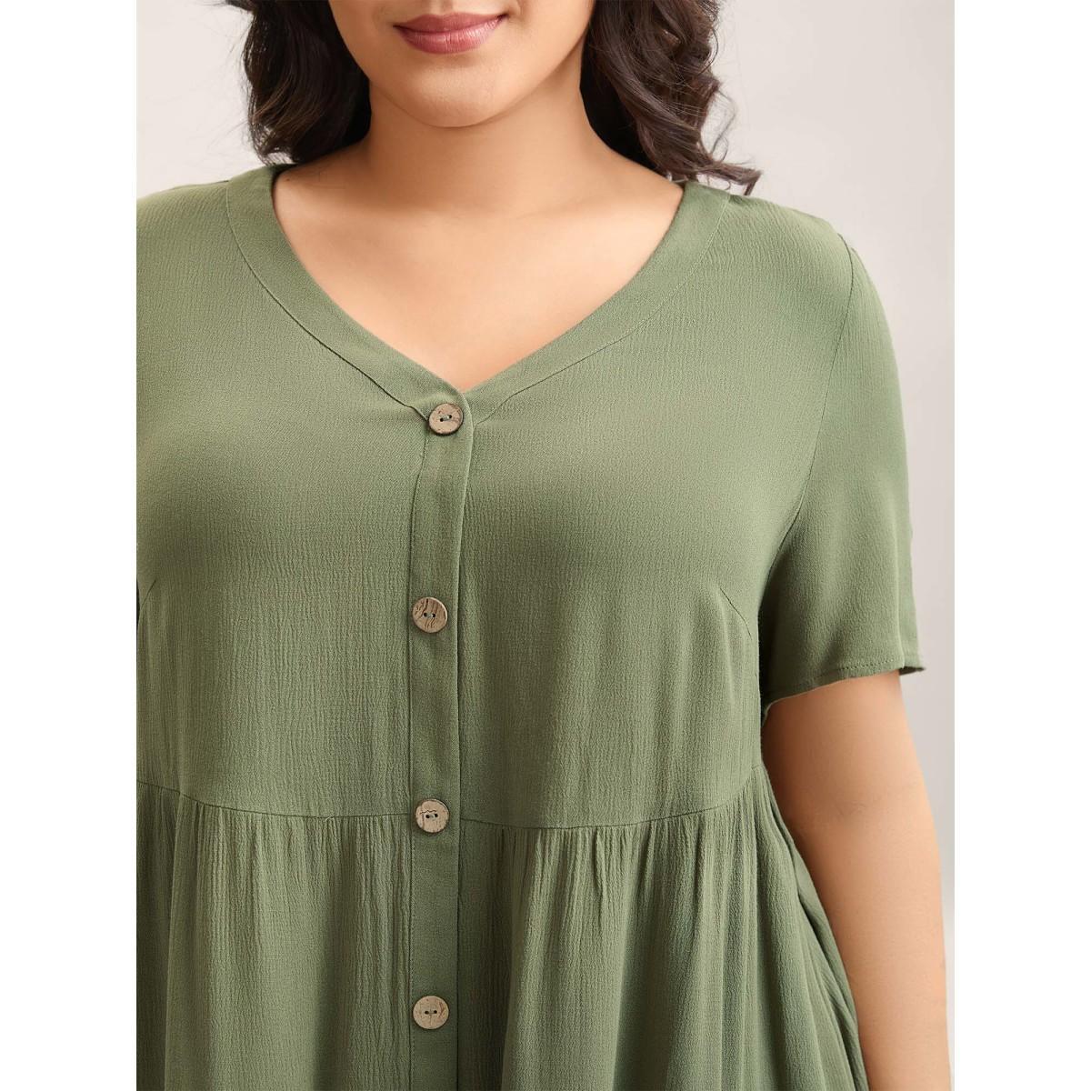 Plus Size Moss Textured Button Placket V-Neck Shirt Women Short sleeve V-neck Everyday-Casual Blouses BloomChic 12/L Product Image