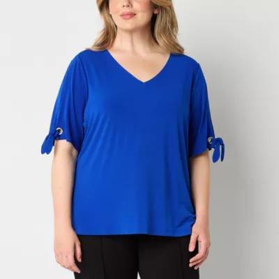 Liz Claiborne Plus Womens V Neck Short Sleeve Blouse Product Image