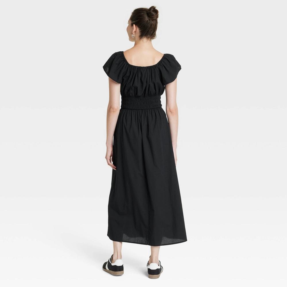 Womens Smocked Flutter Sleeve Midi A-Line Dress - Universal Thread Black XS: Cotton, Side Pocket, Pull-On Product Image