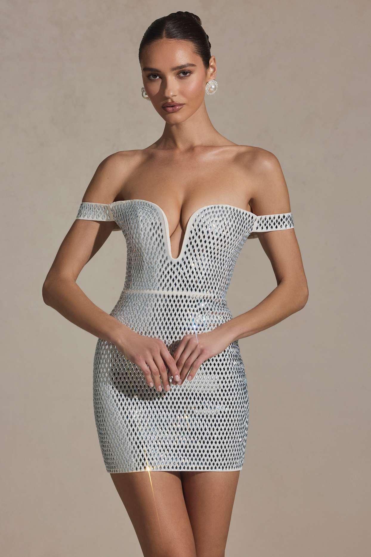 Embellished Off-Shoulder Mini Dress in White Product Image
