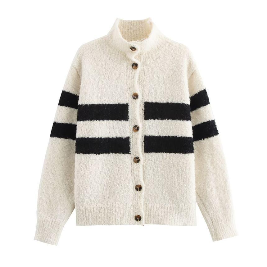 Stand Collar Striped Button-Up Cardigan Product Image