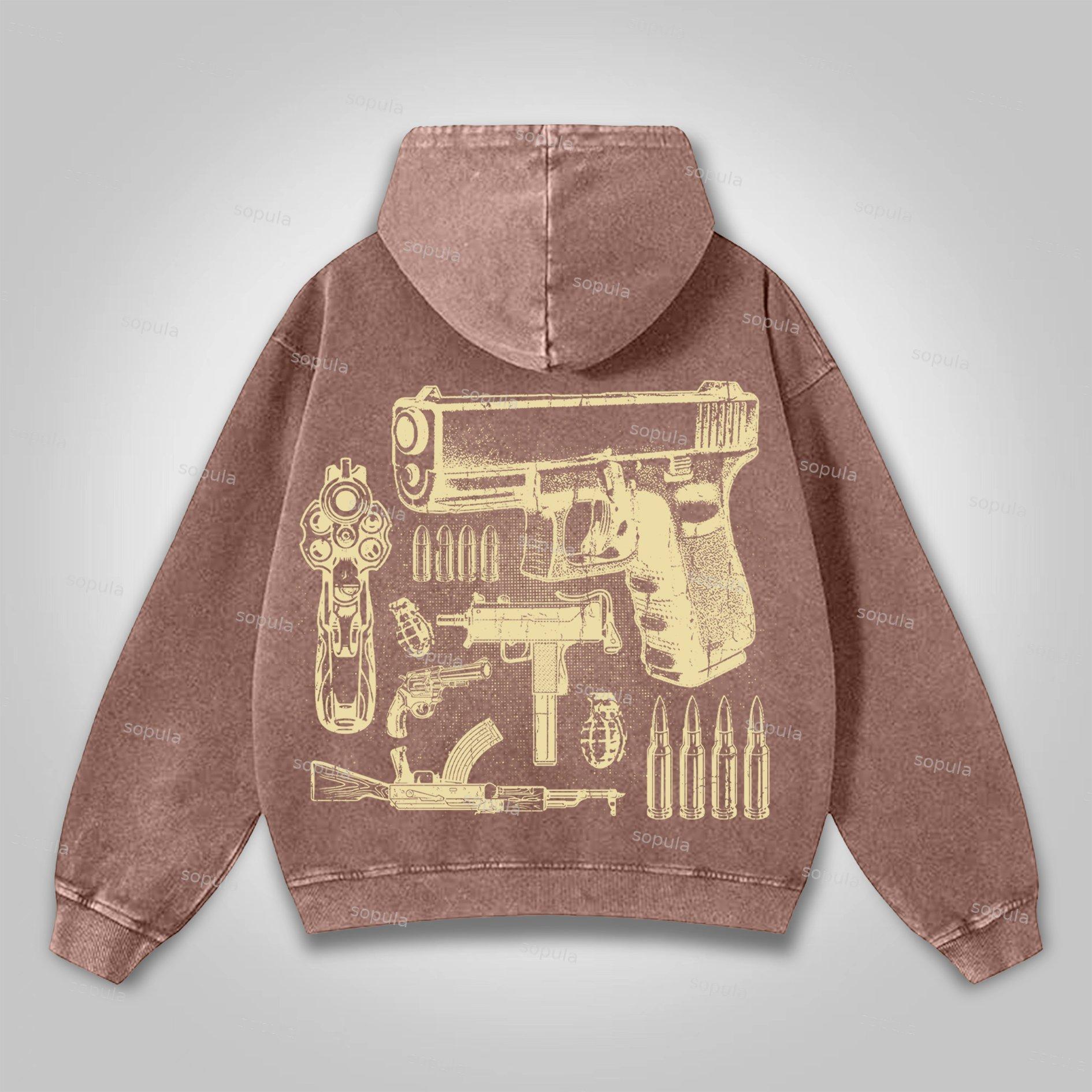 Sopula Who Cares？vintage Outlet Firearms Graphics Washed Distressed Pocket Hoodie Product Image