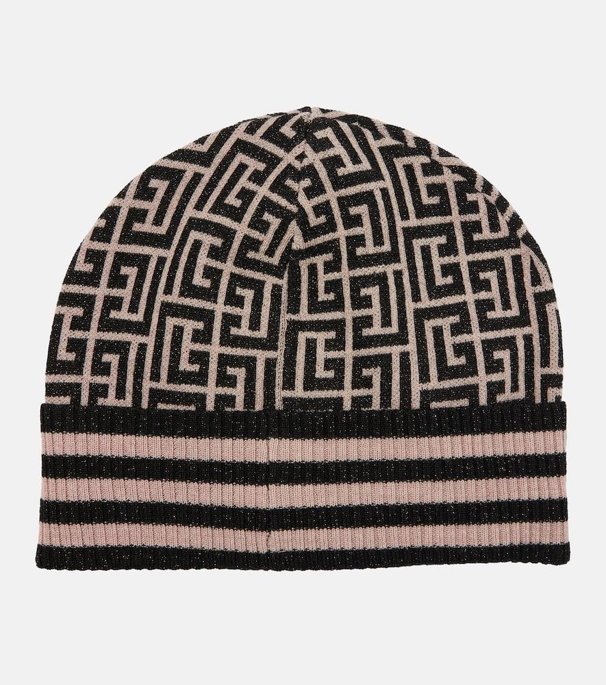 BALMAIN Embroidered Monogram Wool-blend Beanie In Glo Ivoire/noir/or Product Image