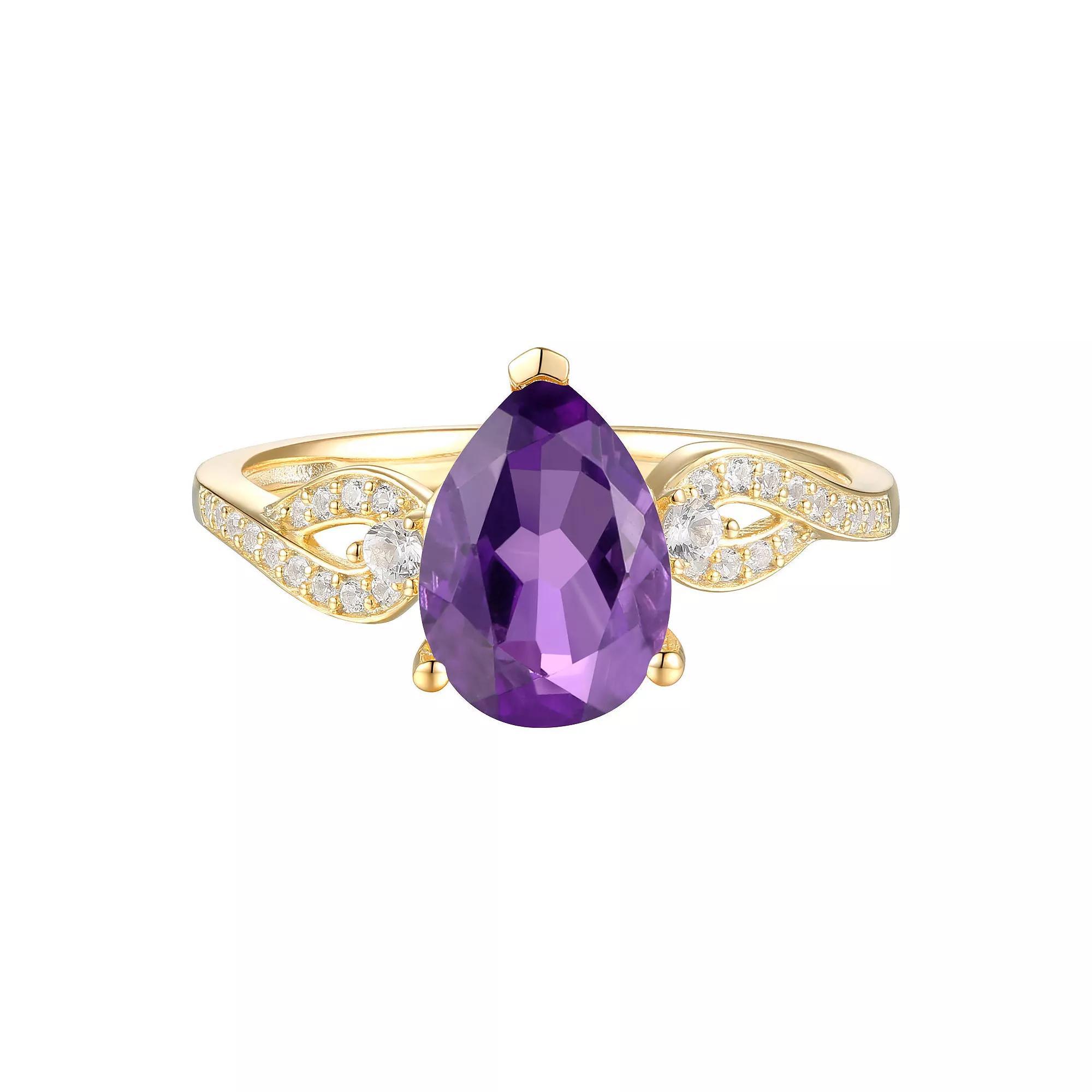 14k Gold Over Silver Pear-Cut Amethyst & Lab-Created White Sapphire Ring, Women's, Size: 7, Gold Tone Product Image