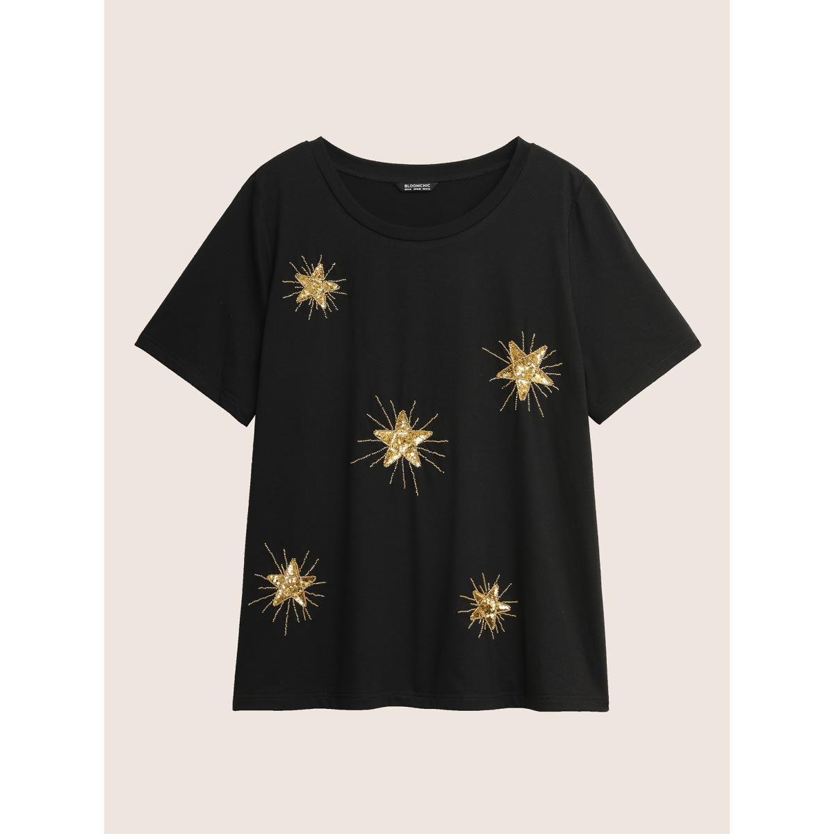 Plus Size Contrast Star Sequin Round Neck T-shirt Black Women Casual Contrast Star and moon Round Neck Everyday T-shirts BloomChic 12/L Product Image