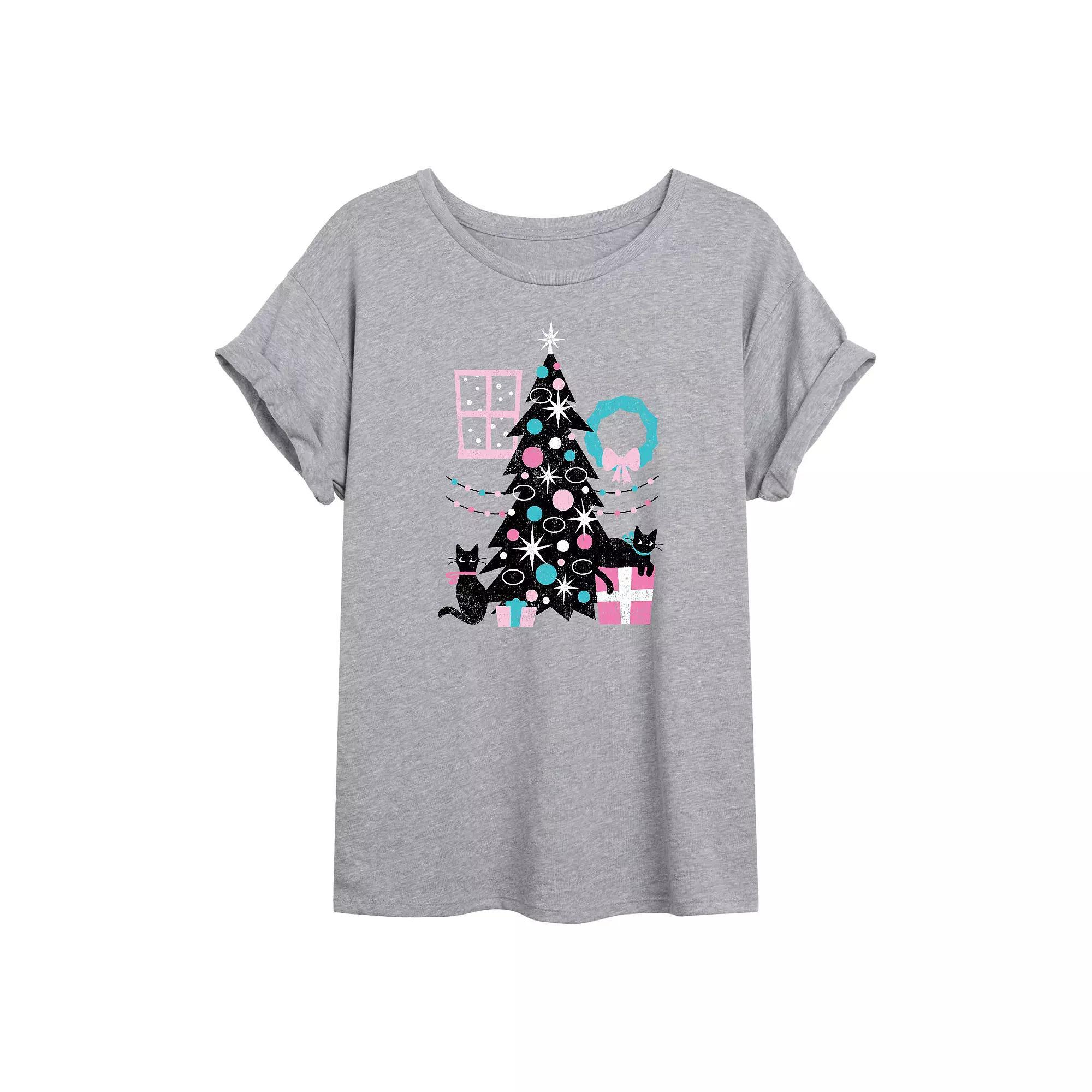 Juniors Cats and Christmas Tree Oversized Tee, Girls Product Image
