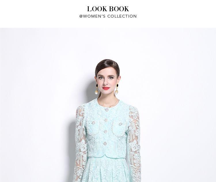 Set: Long Sleeve Round Neck Plain Floral Embroidered Faux Pearl Button Mesh Top + High Waist Midi A-Line Skirt Product Image