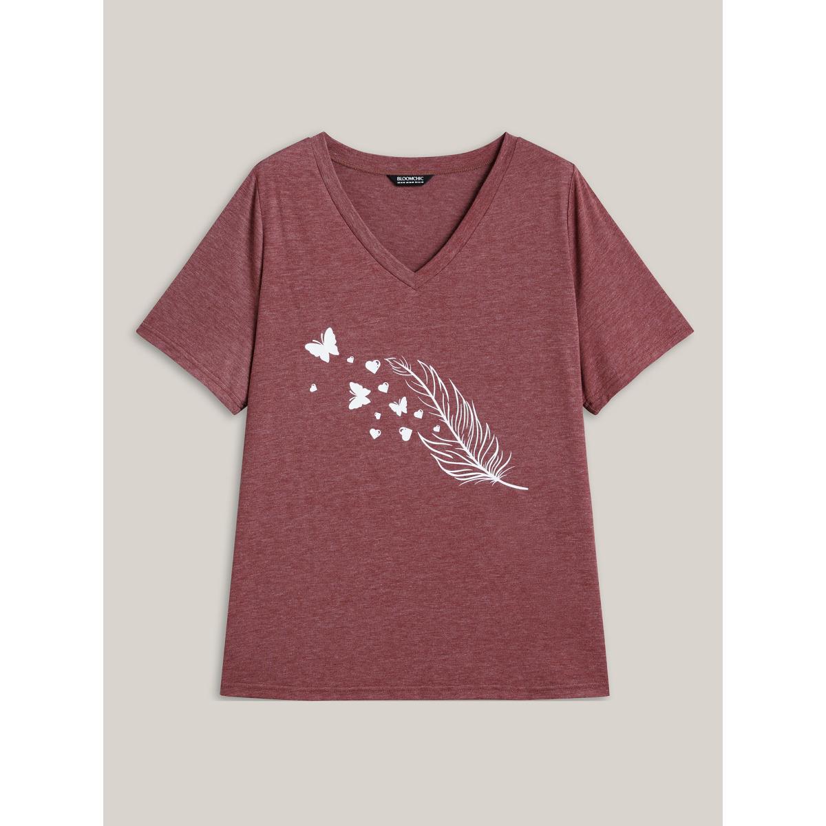 Plus Size Feather Print V-Neck Fitted T-Shirt Scarlet Women Casual Non Butterfly V-neck Everyday T-shirts BloomChic 10/M Product Image