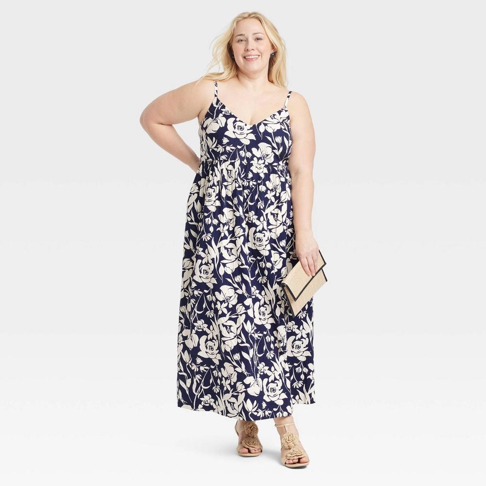 Women's Seersucker Maxi A-Line Dress - A New Day™ Navy Floral 1X Product Image