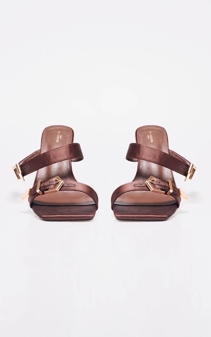 Chocolate Satin Wide Fit Square Toe Buckle Strap High Stiletto Heeled Mules Product Image