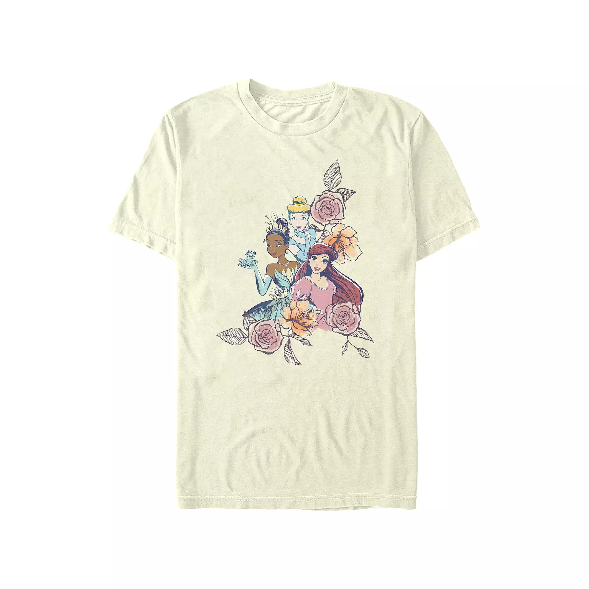 Disney Princesses Juniors' Floral Motif Boyfriend Graphic Tee, Women's, Size: Medium, Natural Product Image