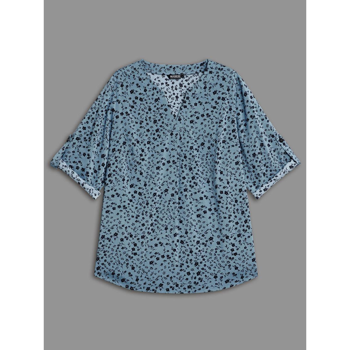 Plus Size Stone Ditsy Floral Button Cuff Sleeve Pleated Blouse Women Elegant Long Sleeve Flat collar with V-notch Everyday Blouses BloomChic 30/6X Product Image