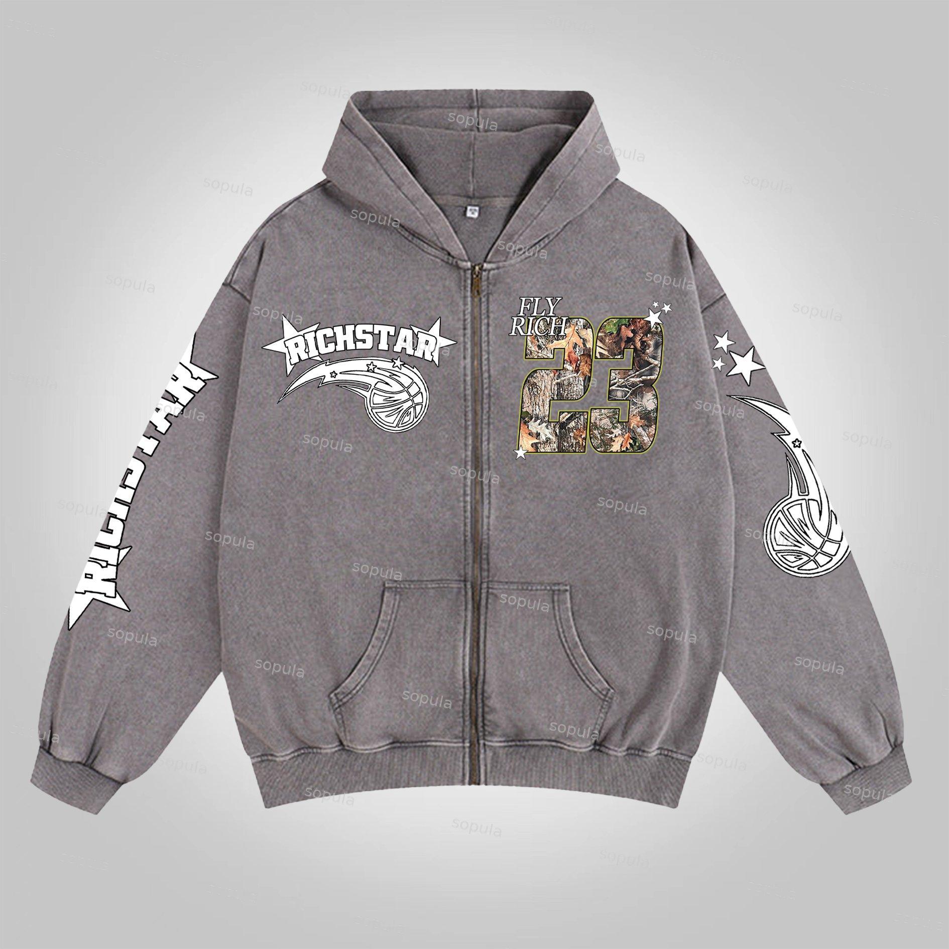 Sopula Relaxed Vintage Graphic Acid Washed Oversized Zip-Up Hoodie Product Image