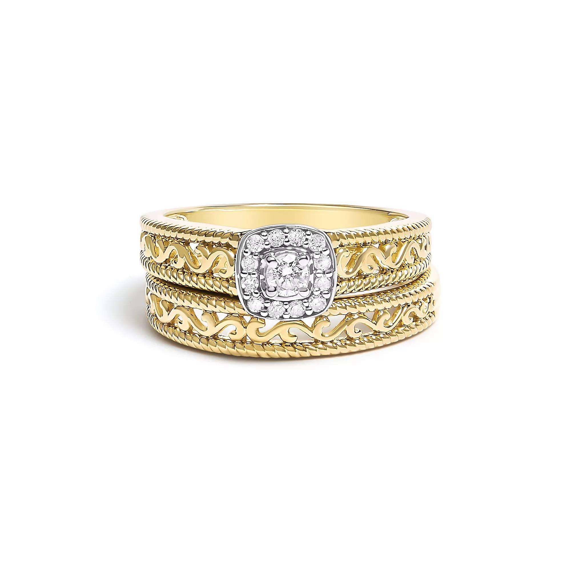 Haus of Brilliance 14k Gold Plated Sterling Silver 1/5 Carat T.W. Diamond Halo & Milgrain Engagement Ring Set, Women's, Size: 7, White Product Image
