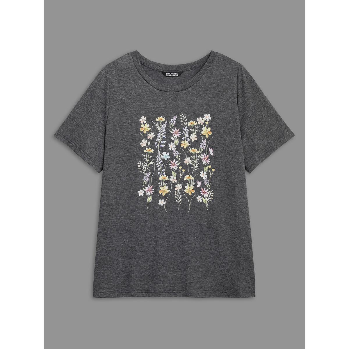 Plus Size Floral Crew Neck Stretchy T-Shirt DimGray Women Casual Non Natural Flowers Round Neck Everyday T-shirts BloomChic 10/M Product Image
